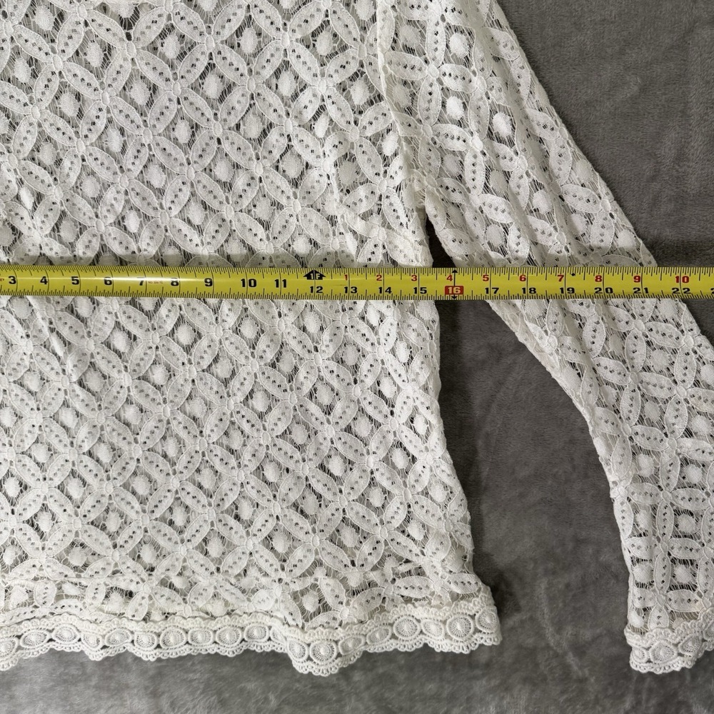 White Medium Lace Long Pattern Bell Sleeve Crew Neck Top by A New Day Sheer - Picture 3 of 4